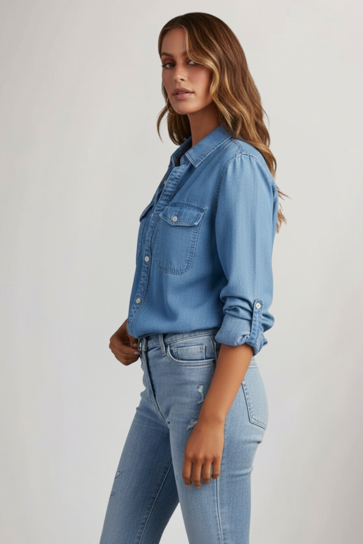 Women’s Denim Shirt with Button Front and Long Sleeves