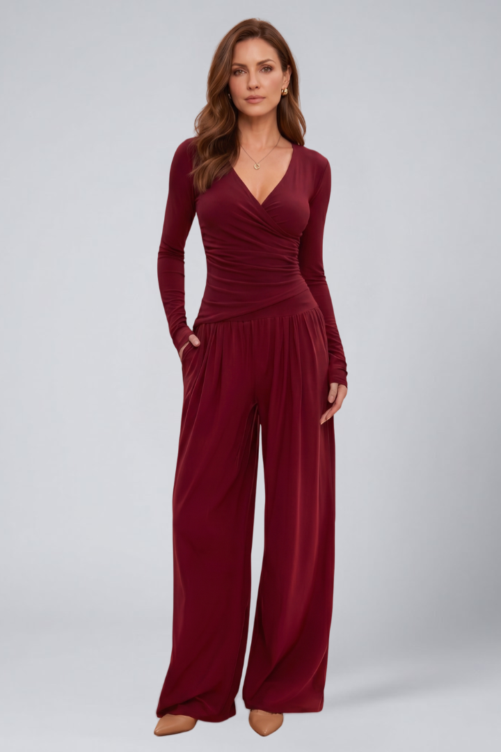 Women's Lounge Set with Wrap Top and Wide-Leg Pants